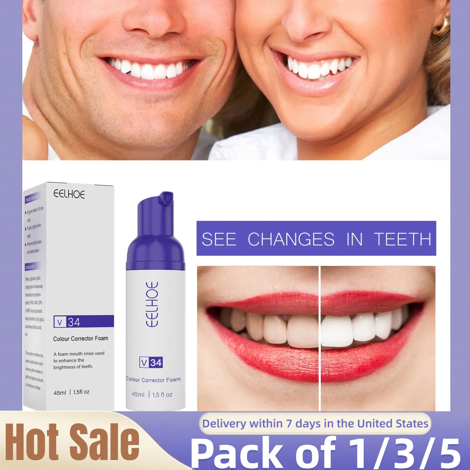 Teeth Whitening Xylitol - 1/3/5pcs V34 Purple Foam Whitening Toothpaste
