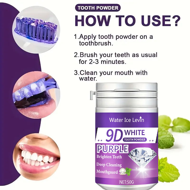 9D White Purple Toothpowder. B - Teeth Whitening Essence ulasan dan harga